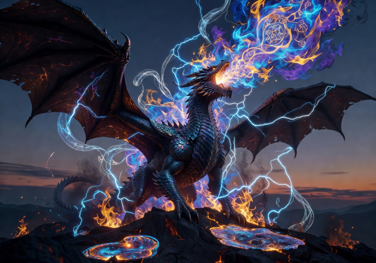 Fantasy dragon fire scene with magical flames and mystical energy
