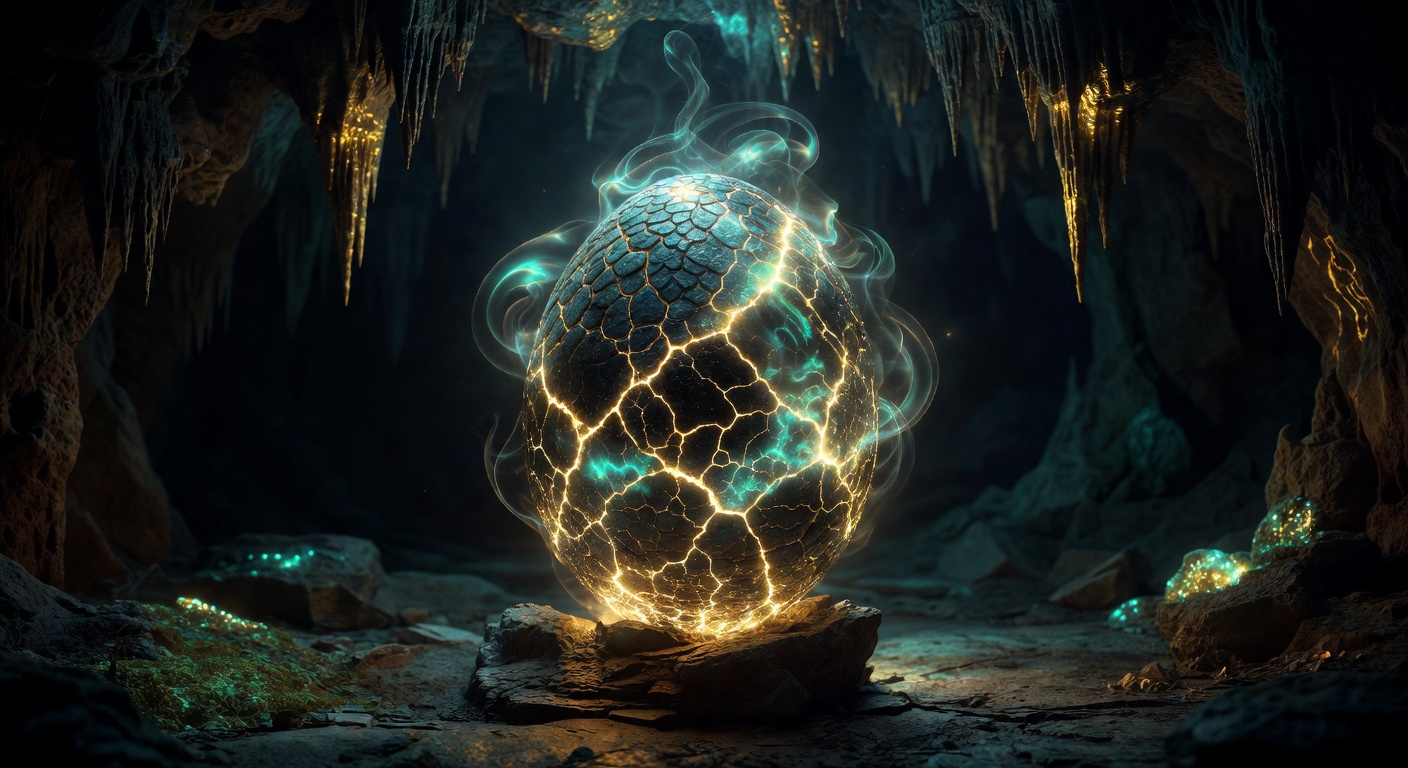 Glowing dragon egg with golden and cyan cracks radiating mystical energy