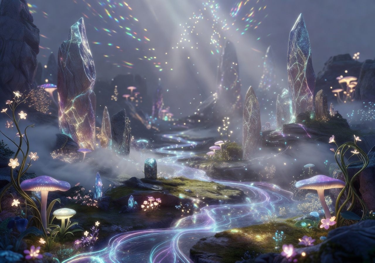Mystical fantasy landscape with glowing energy and magical atmosphere representing Arvilorsh brand identity